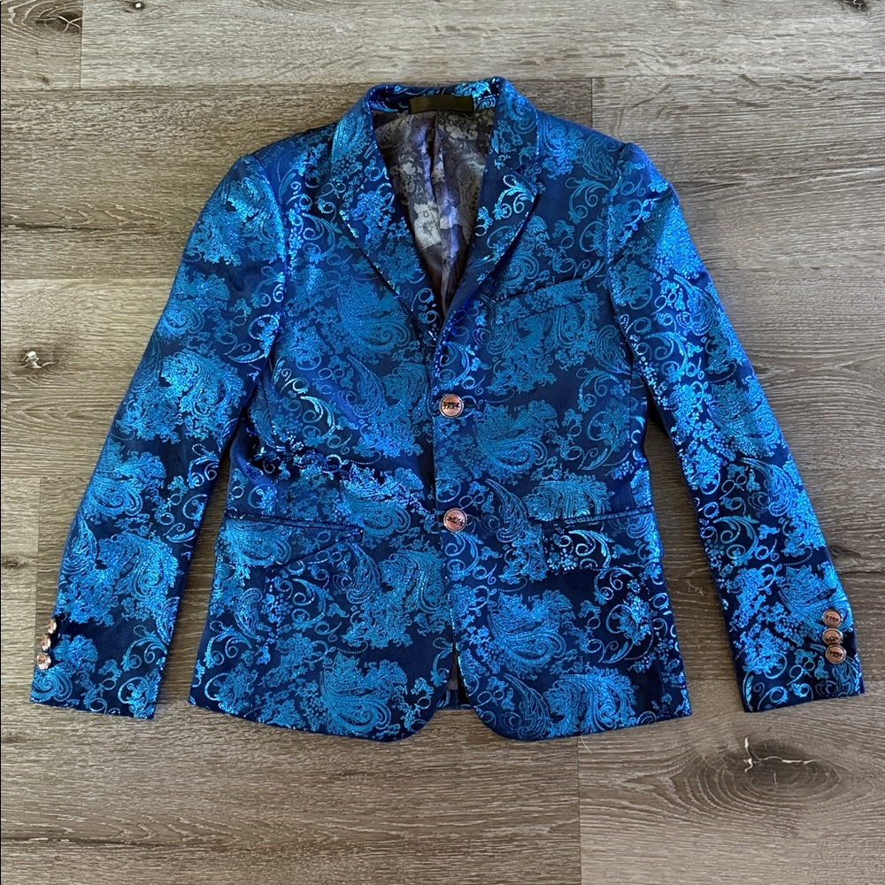 Boys Blue Paisley Velvet Jacquard Slim Blazer Jacket, size 8